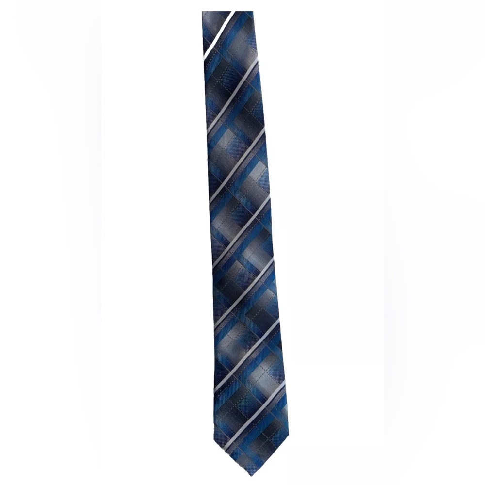 Stacy‎ Adams Blue/White/Silver Metallic Sheen Geometric Squares Pattern Mens Tie